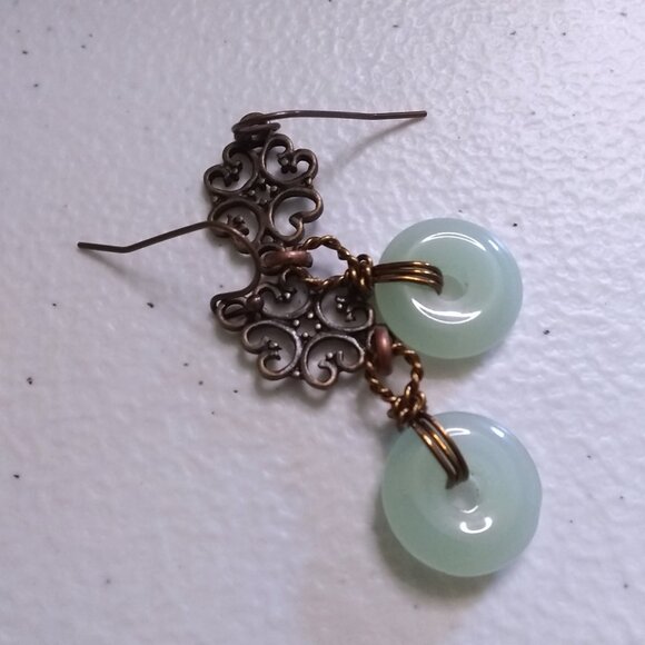 Green Aventurine & Copper Filigree Dangle Earrings - Picture 9 of 11